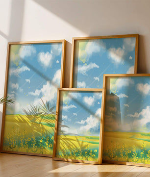 Sunny Meadow with Yellow Flowers and Blue Sky Scenic Art