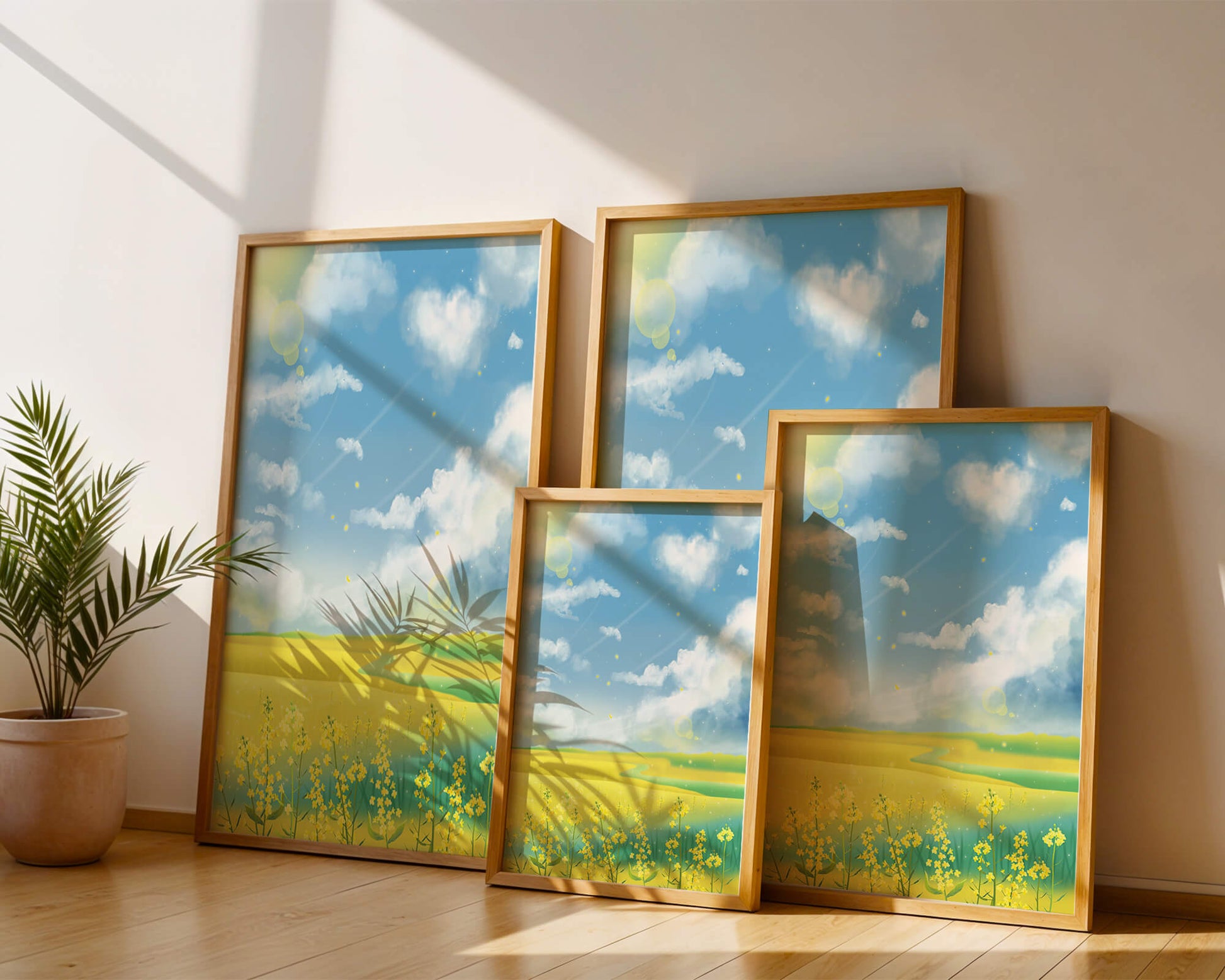 Sunny Meadow with Yellow Flowers and Blue Sky Scenic Art
