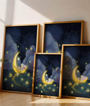 Whimsical night scene with child and cat on crescent moon