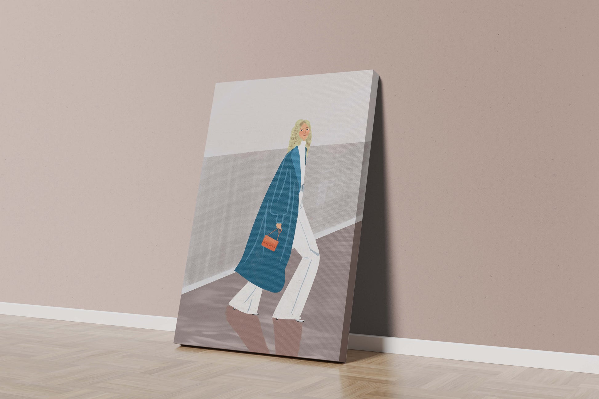 Fashionable Woman in Long Blue Coat Walking Along Corridor with Orange Handbag