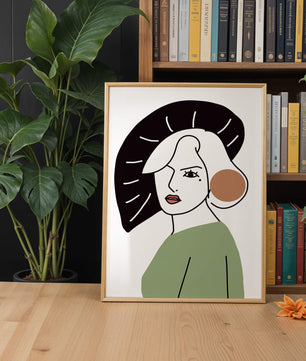 Minimalist Abstract Portrait Featuring Woman with Black Hat and Green Outfit - Mi tienda