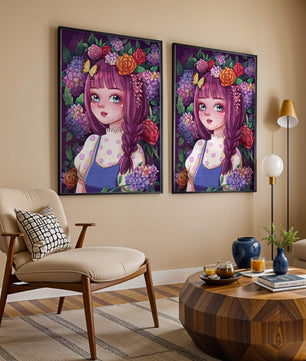 Illustration of a girl with floral crown surrounded by vibrant flowers