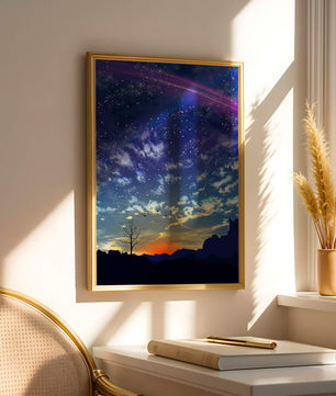 Starlit night sky with colorful sunset and silhouetted landscape