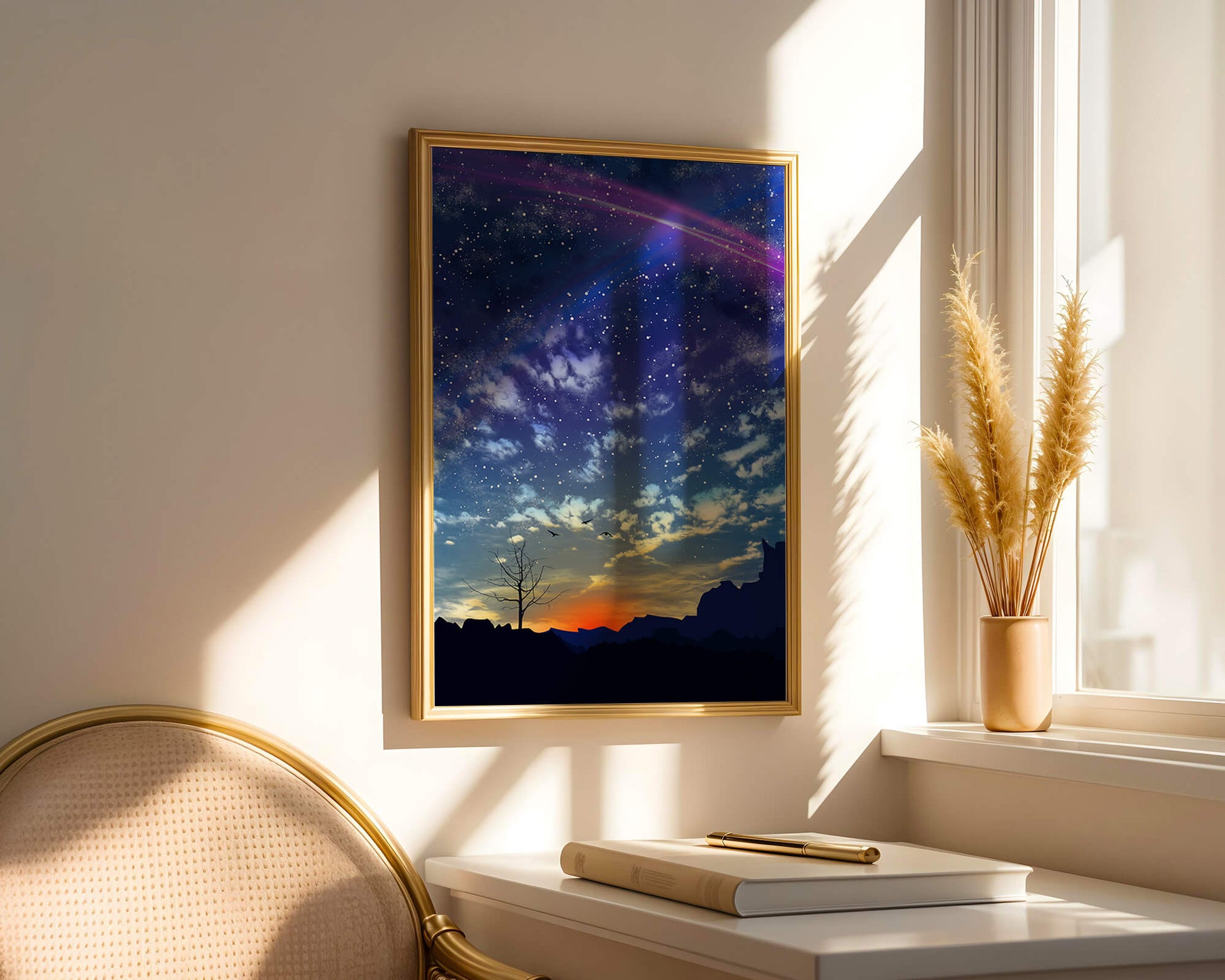 Starlit night sky with colorful sunset and silhouetted landscape