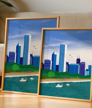 Paisaje urbano moderno con skyline y frente al agua en un estilo vibrante