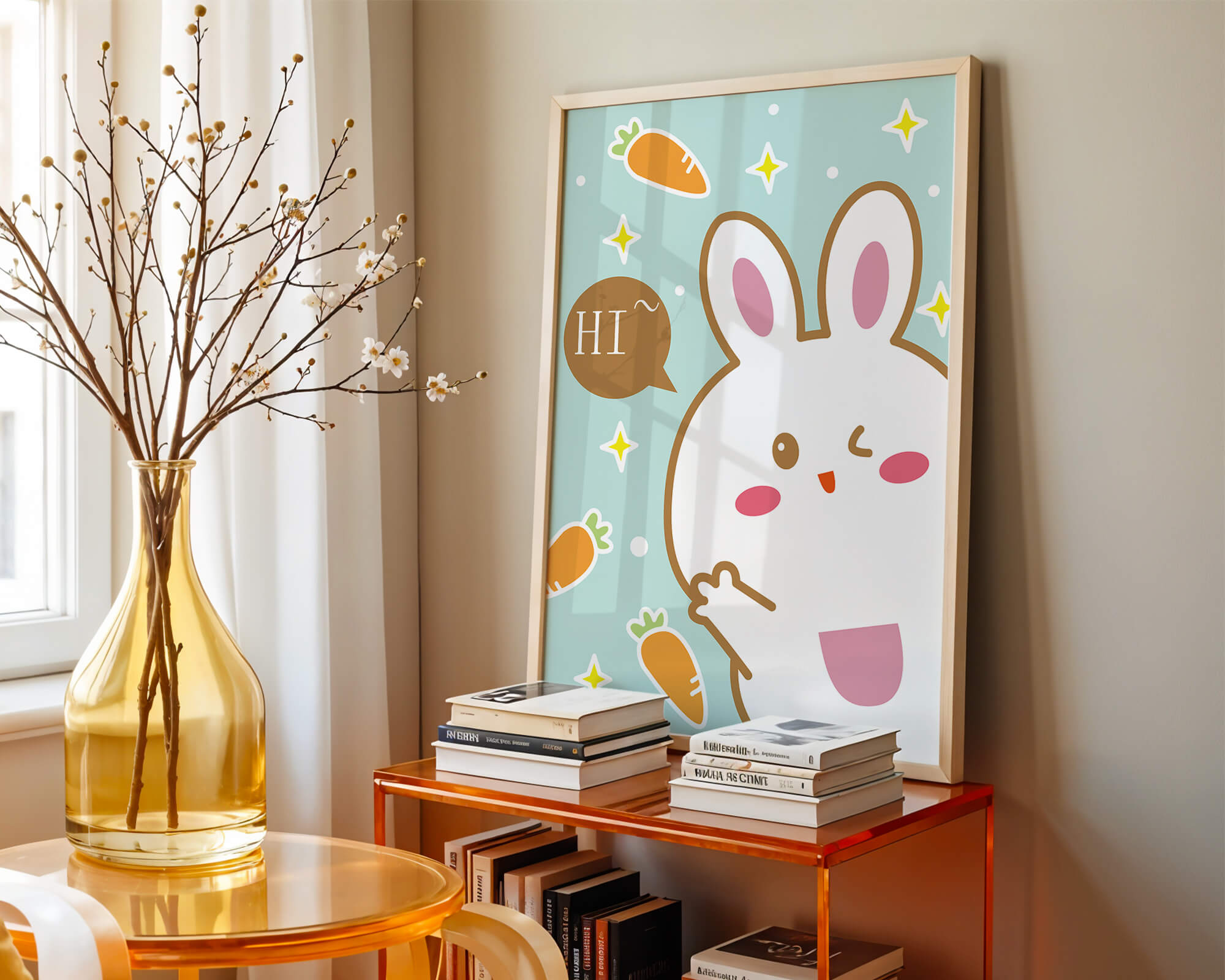 Playful cartoon bunny with carrots and stars on teal background