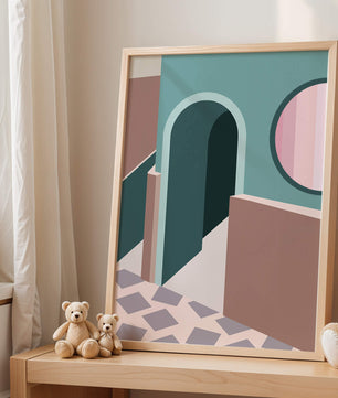 Abstract architectural scene with geometrical shapes