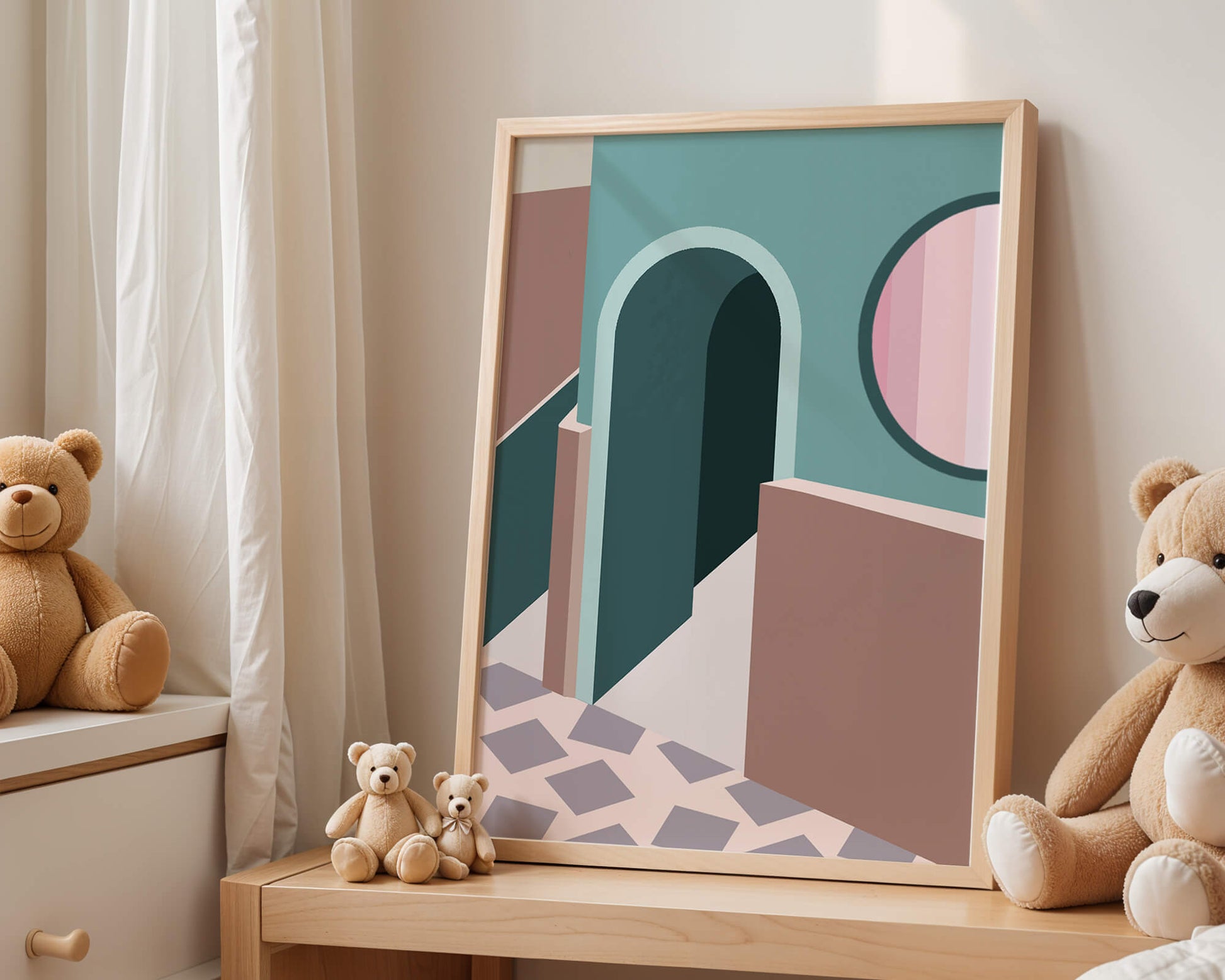 Abstract architectural scene with geometrical shapes