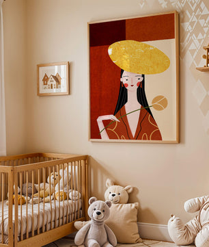 Elegant Woman with a Gold Hat and a Flower on a Red Background - Mi tienda