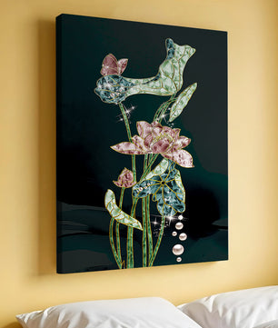 Floral Lotus Design with Gold Accents and Dew Drops