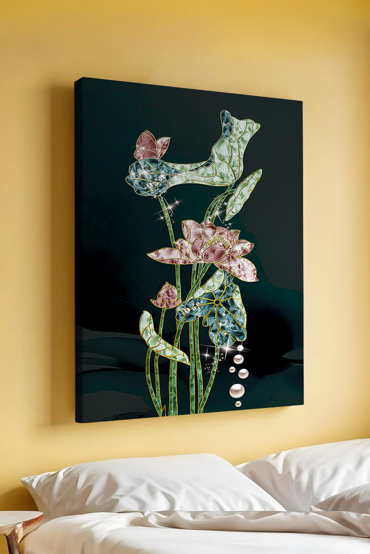 Floral Lotus Design with Gold Accents and Dew Drops