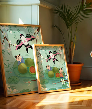 Children Playing on Lotus Leaves with Kite and Cherry Blossoms