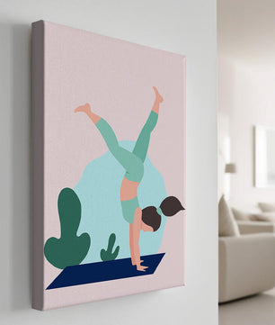 Ilustración de una mujer practicando la postura de parada de manos en yoga