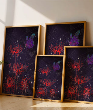Vivid Night Sky with Red Spider Lilies and Purple Butterfly - Mi tienda