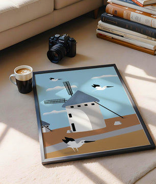 Windmill Landscape with Birds in a Minimalist Style