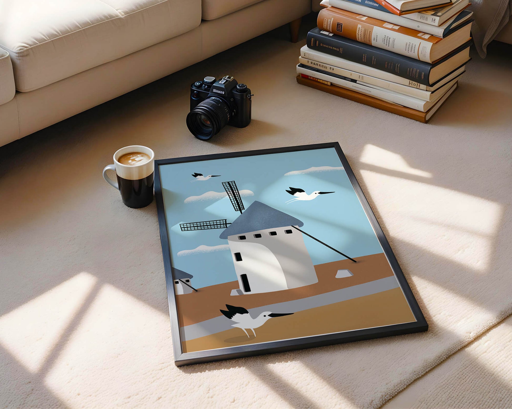 Paisaje de molino de viento con pájaros en estilo minimalista