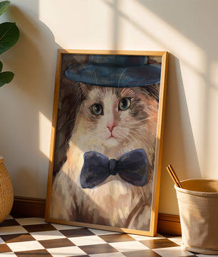 Gato encantador con traje formal, sombrero y corbata de moño