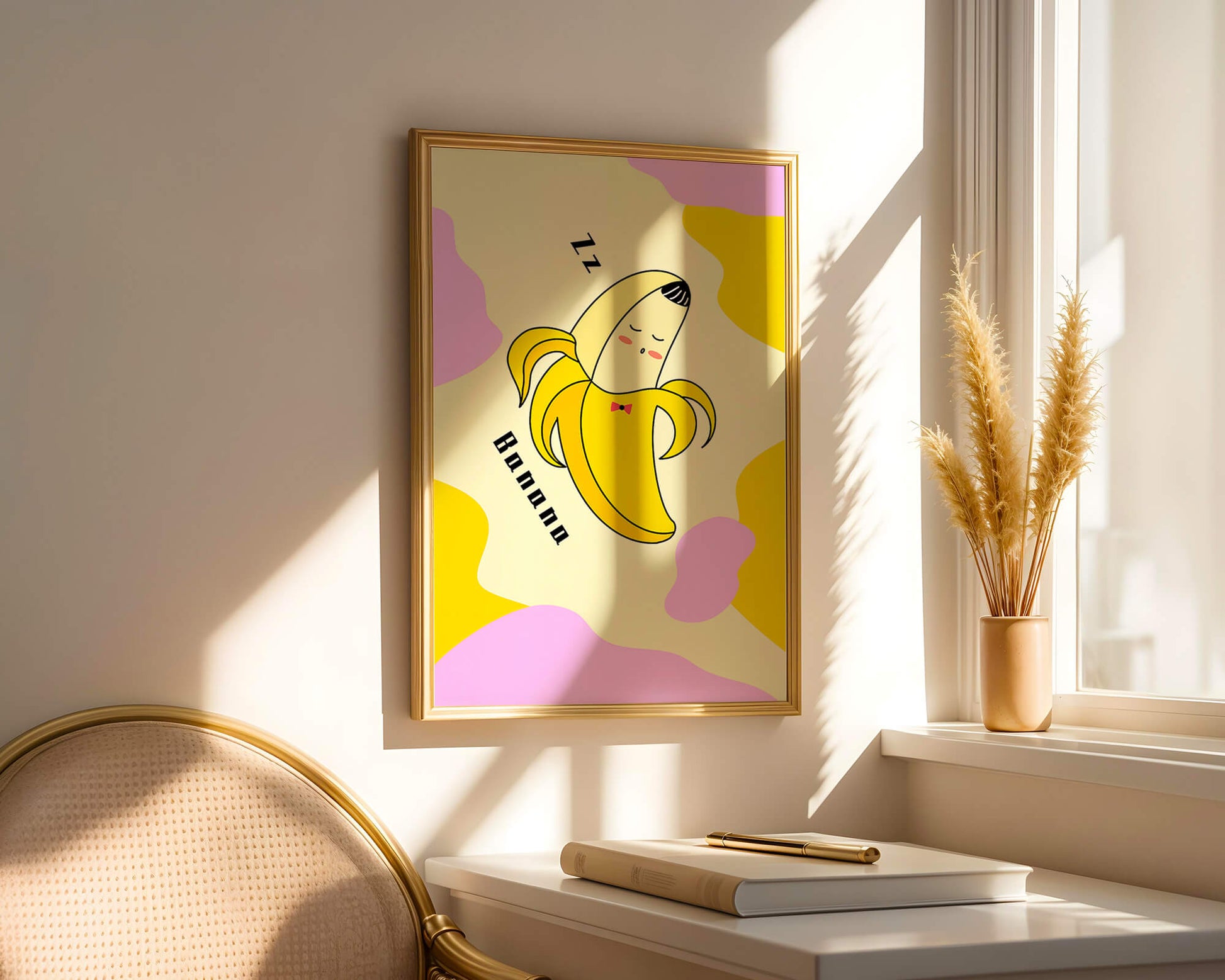 Playful illustration of a sleeping banana with colorful abstract background