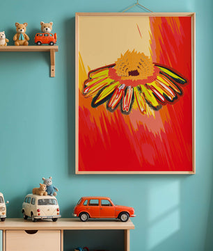Abstract vibrant flower illustration with bold colors and dynamic strokes
