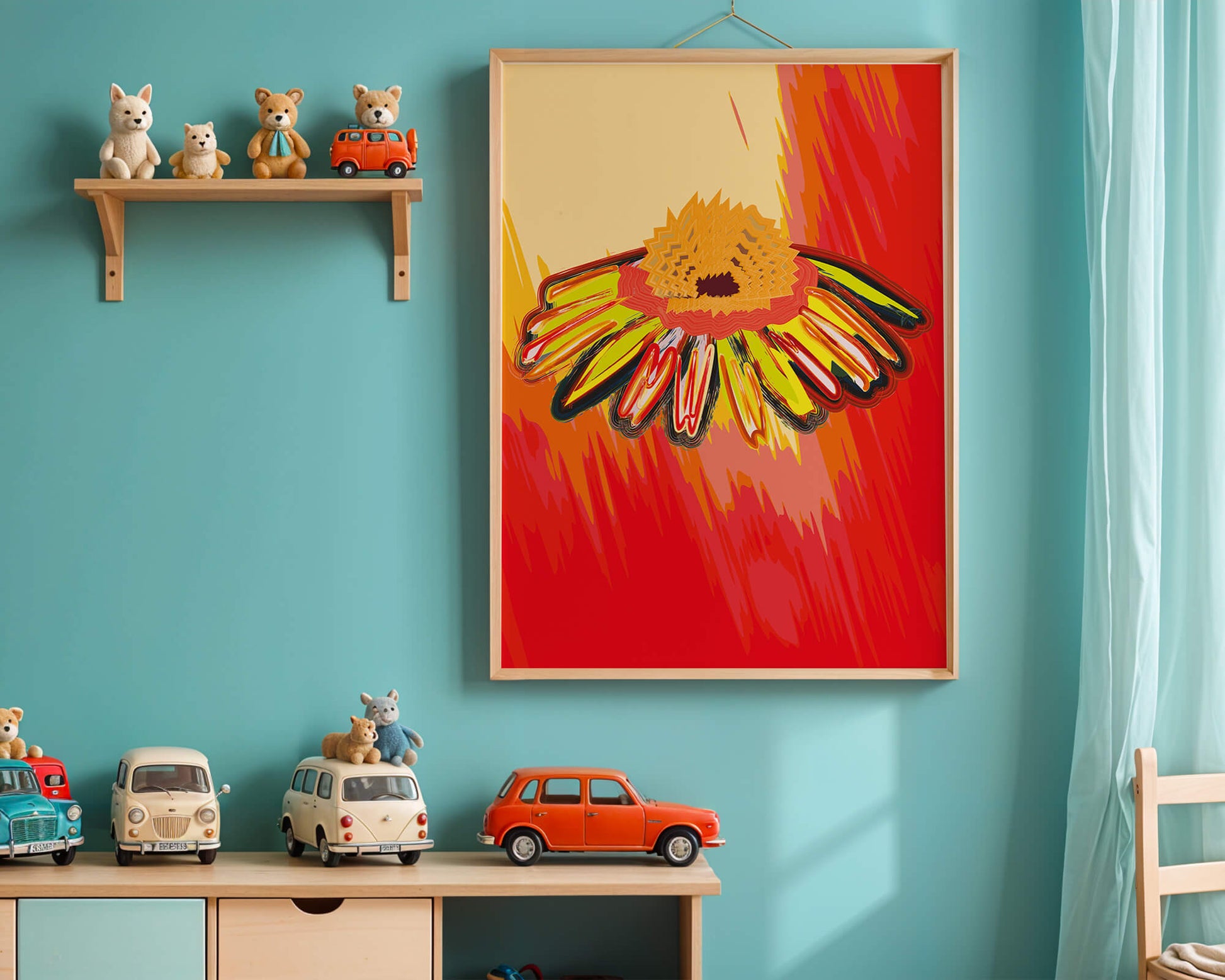 Abstract vibrant flower illustration with bold colors and dynamic strokes