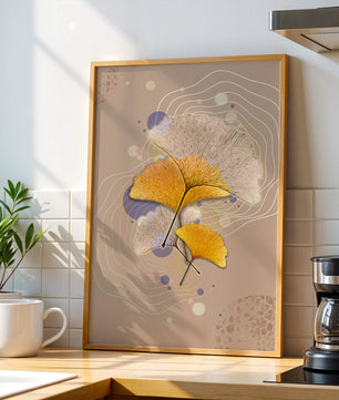 Elegante Blätter des Ginkgo mit abstrakten wellenförmigen und kreisförmigen Elementen