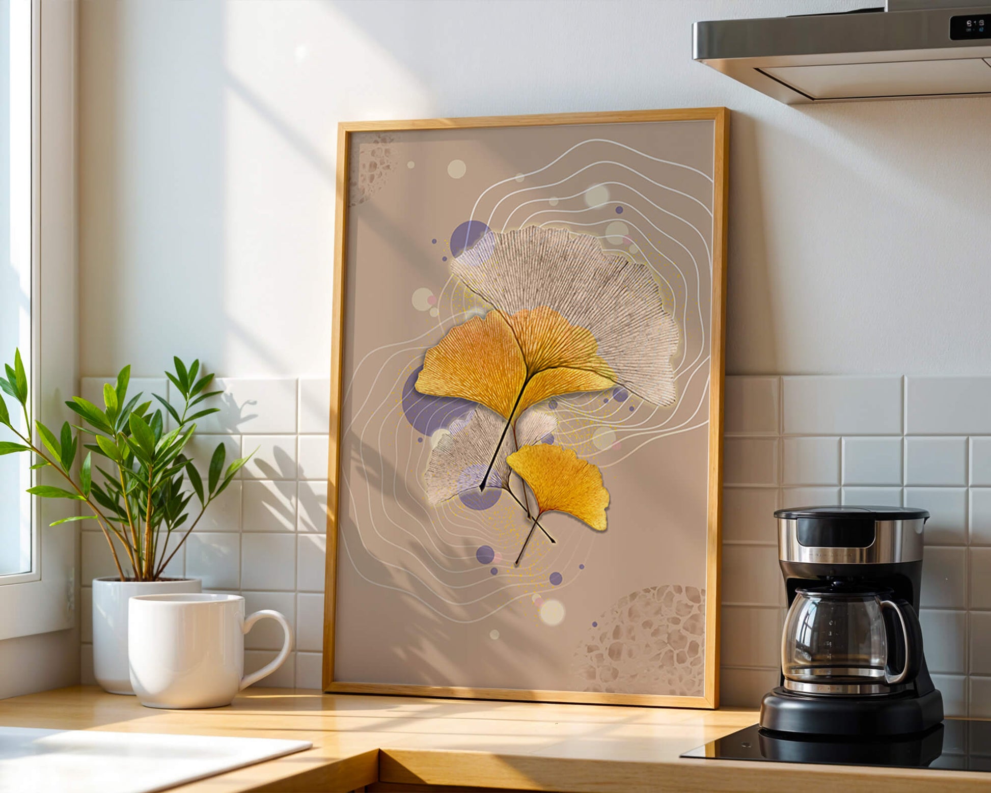Elegant ginkgo leaves with abstract wavy and circular elements