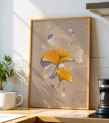 Elegant ginkgo leaves with abstract wavy and circular elements