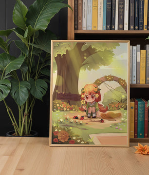 Charming anime-style scene with young girl, flowers, and nature background