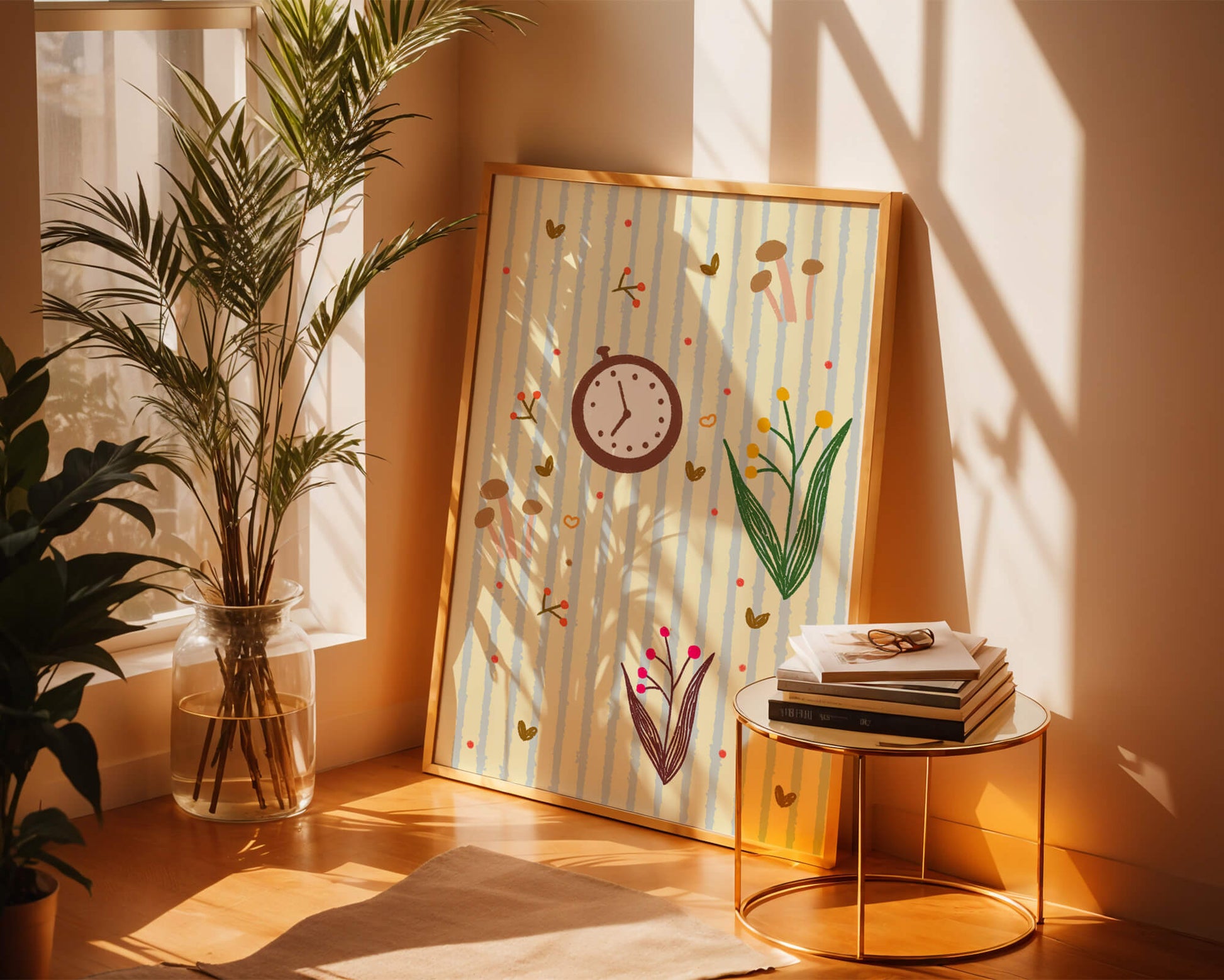 Whimsical pattern with clock, mushrooms, and florals on striped background