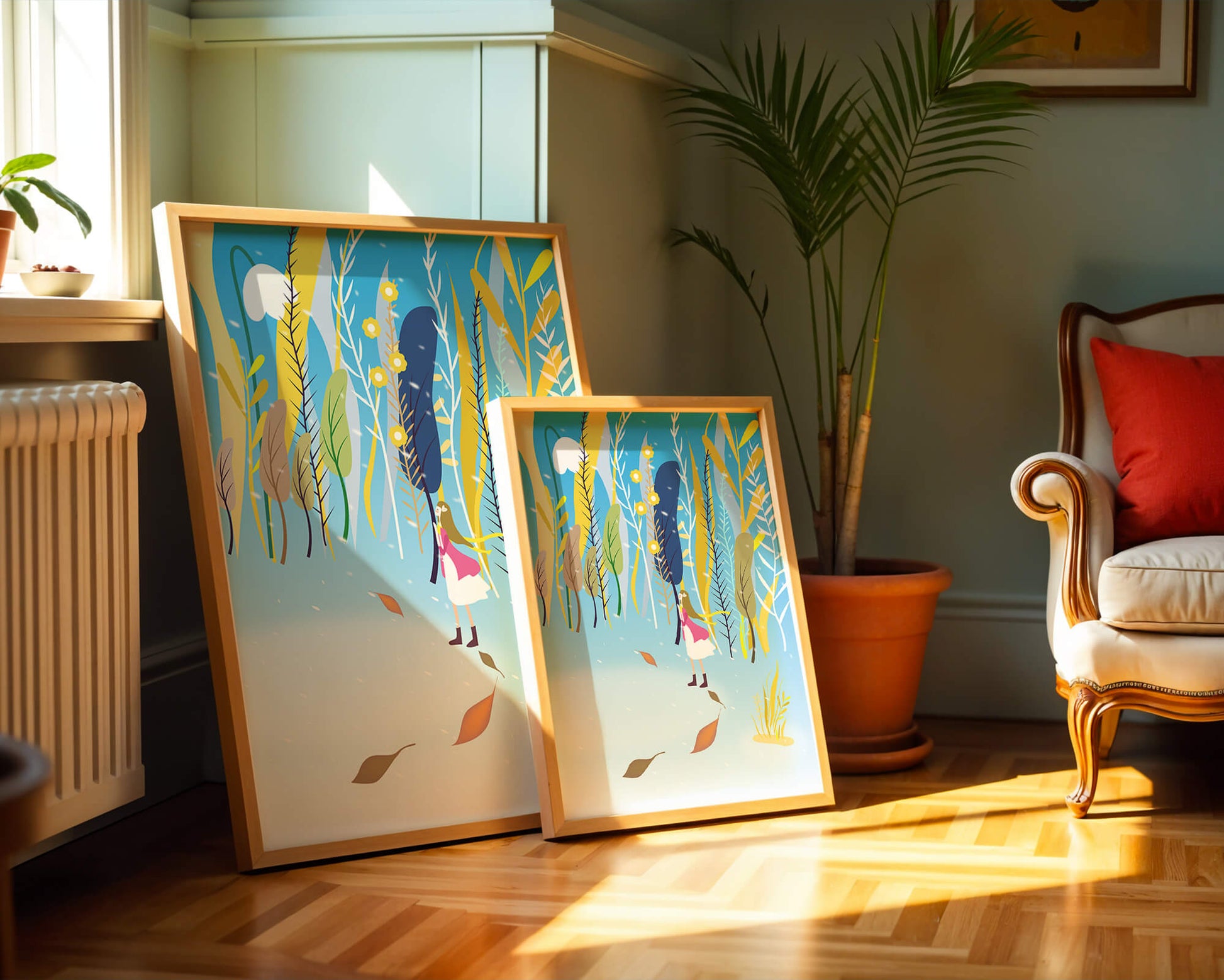 Ilustración caprichosa de una niña en un bosque abstracto vibrante