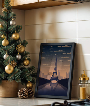 Vista escénica de la Torre Eiffel al anochecer con reflejo del horizonte urbano