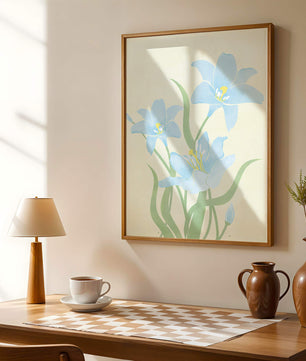 Ilustración elegante de flores azul claro con tallos verdes