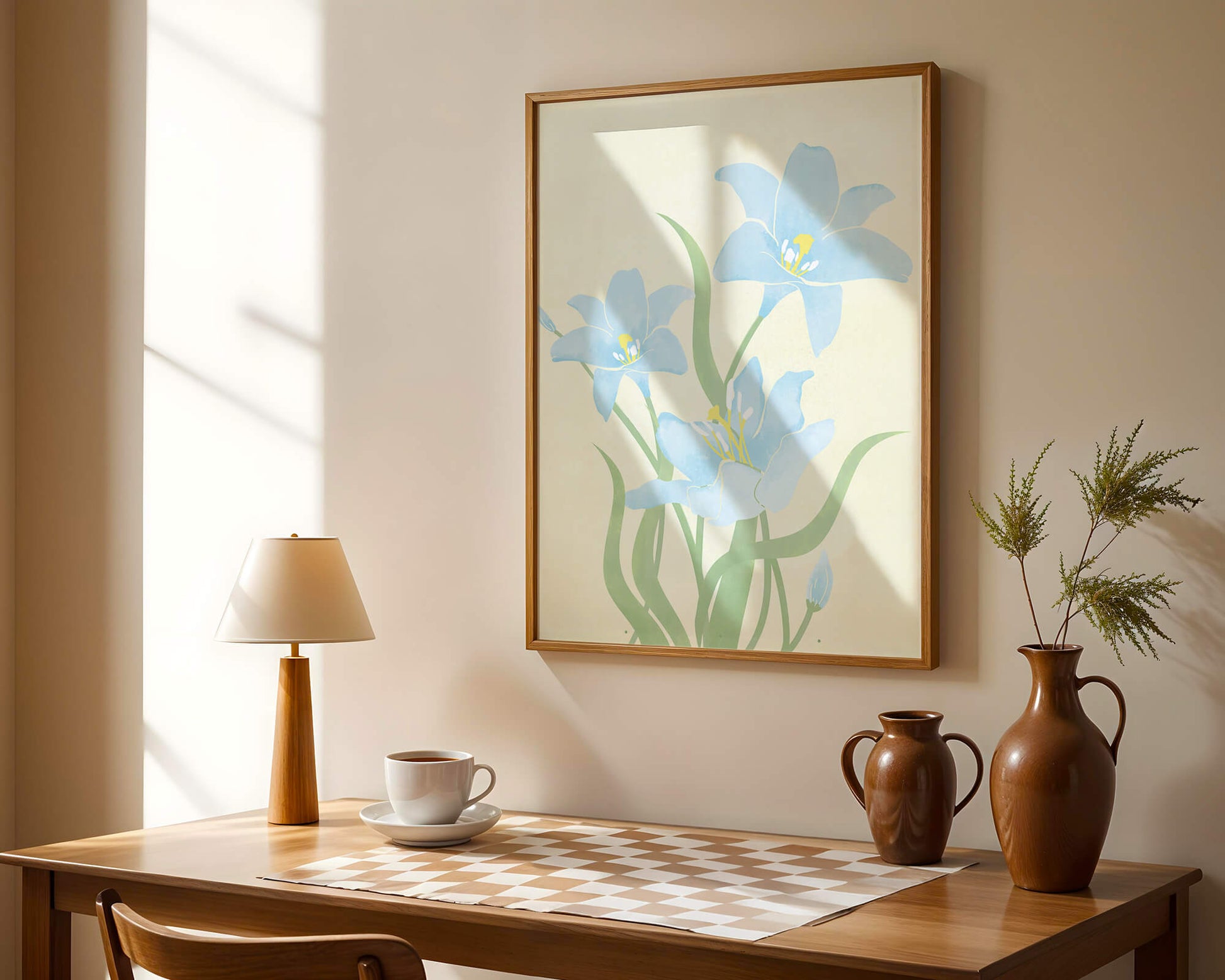 Ilustración elegante de flores azul claro con tallos verdes