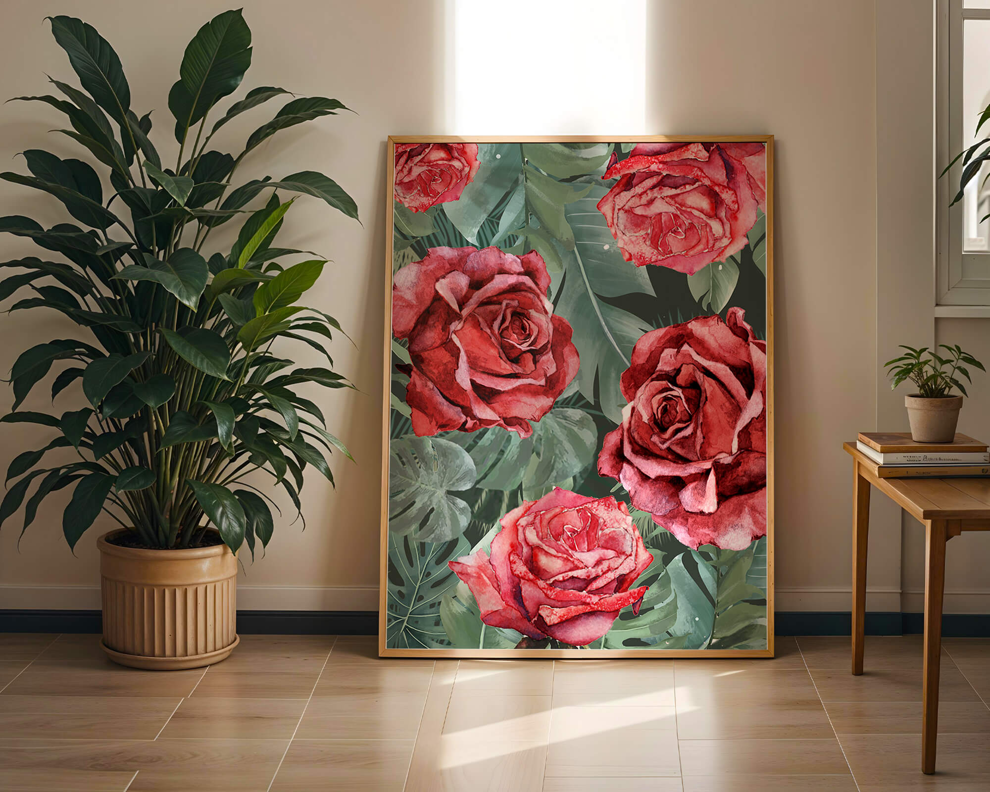 Red roses and green foliage pattern in watercolor style