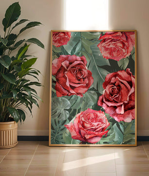 Red roses and green foliage pattern in watercolor style
