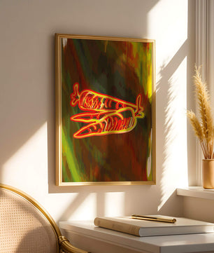 Abstract art featuring neon carrots on a colorful background