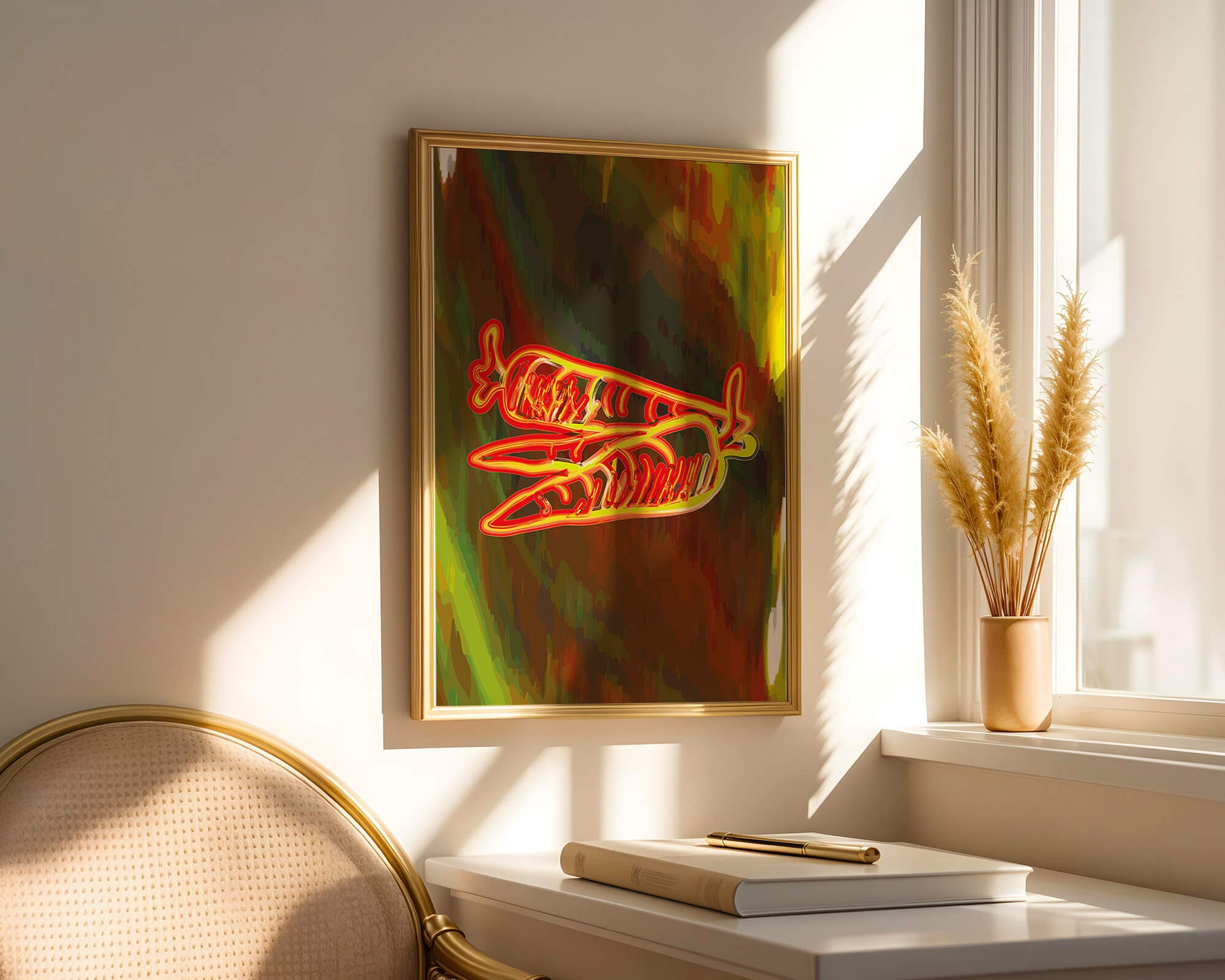 Abstract art featuring neon carrots on a colorful background