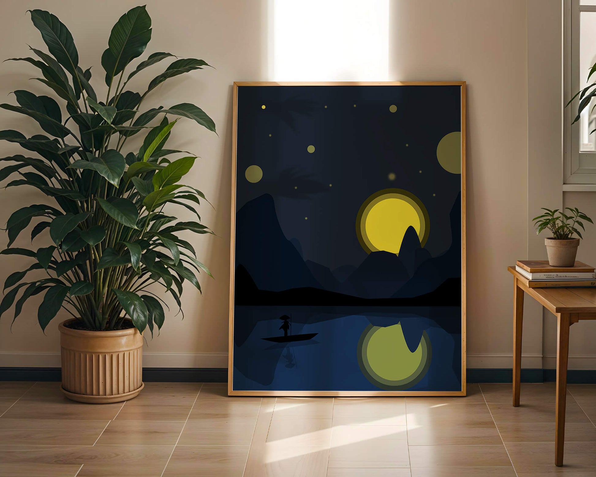 Serene night landscape with moonlit river and silhouetted boat