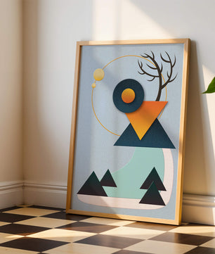 Abstract Geometric Landscape with Mountain and Sun - Mi tienda