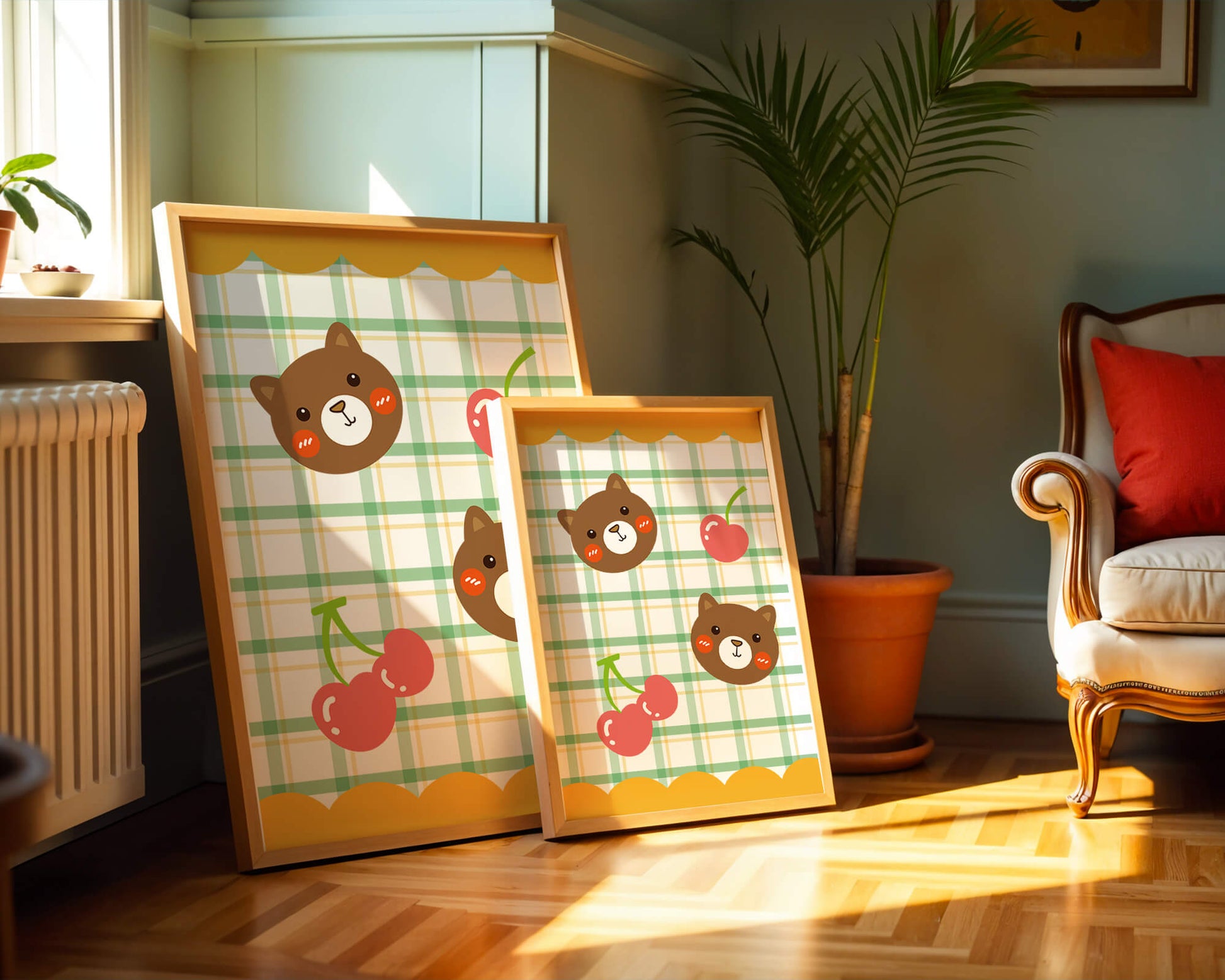 Playful bear and cherry pattern with plaid background