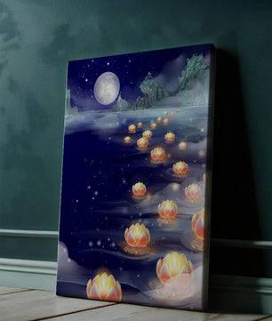 Río iluminado por la luna con linternas flotantes y montañas bajo una noche estrellada