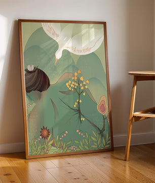 Dreamy nature-inspired illustration with bird and plant elements
