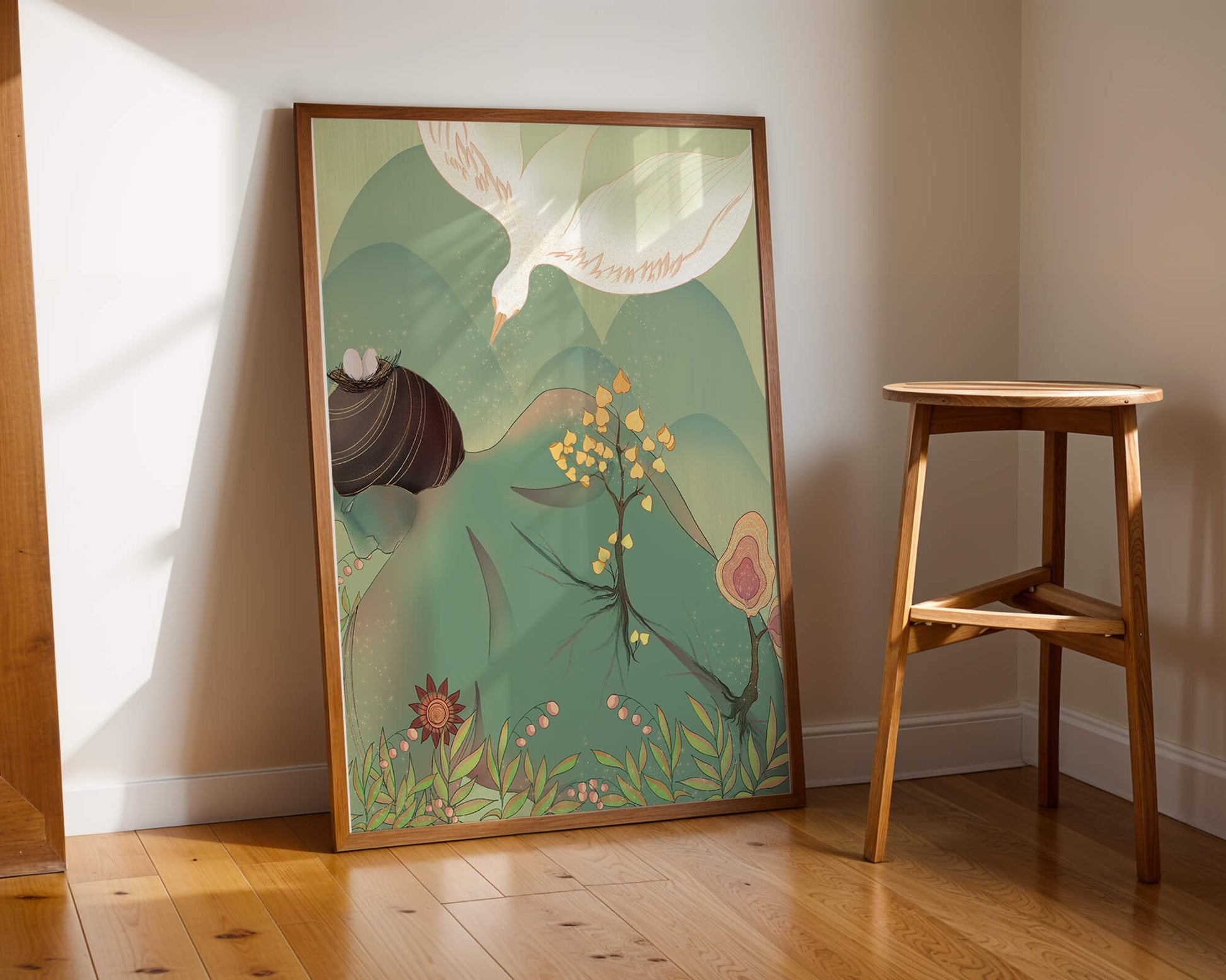 Dreamy nature-inspired illustration with bird and plant elements