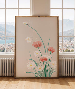 Delicate floral illustration with butterflies and wildflowers