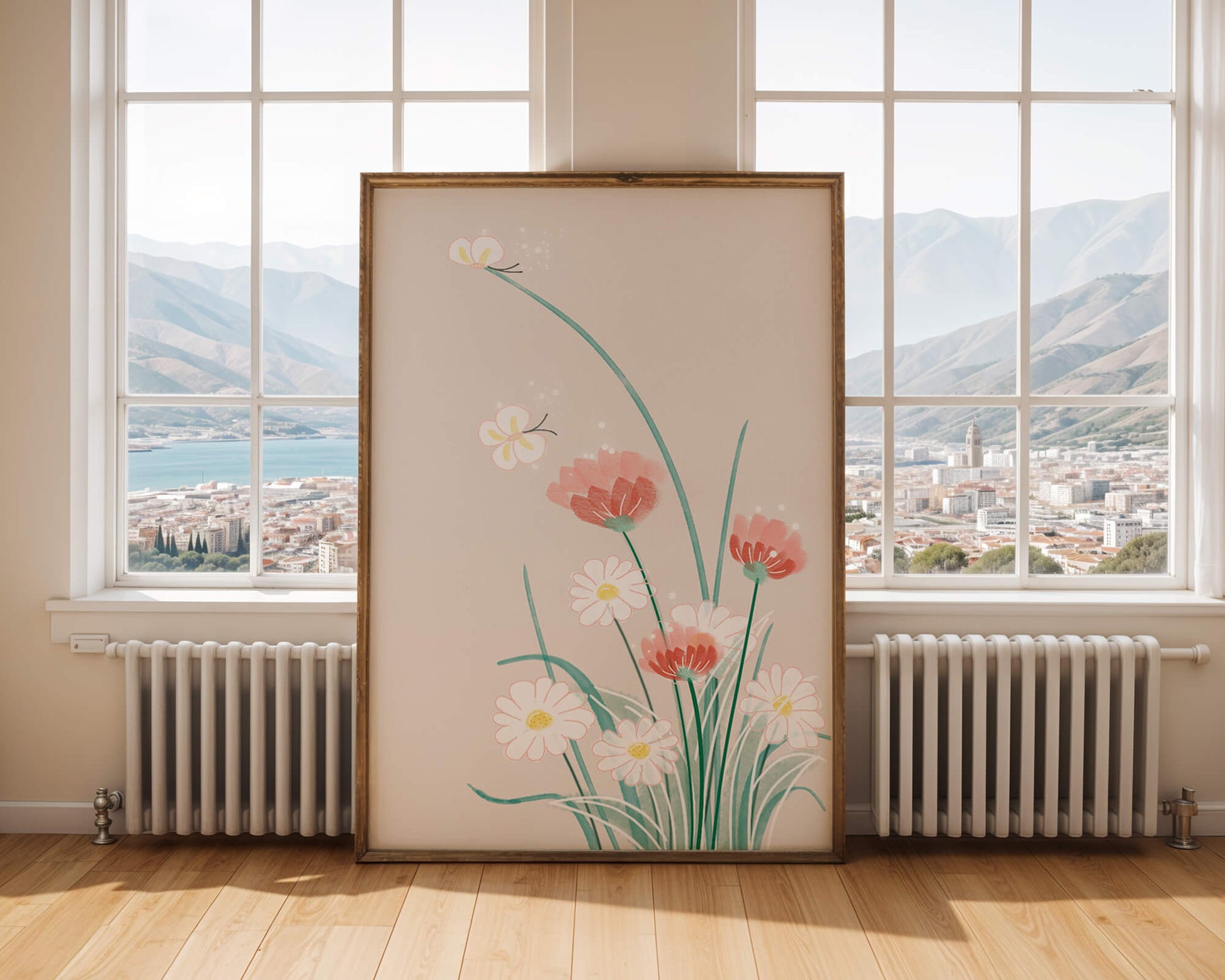 Delicate floral illustration with butterflies and wildflowers
