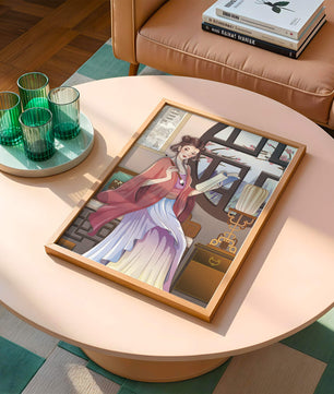 Illustrated scene of a woman in traditional attire reading by a window