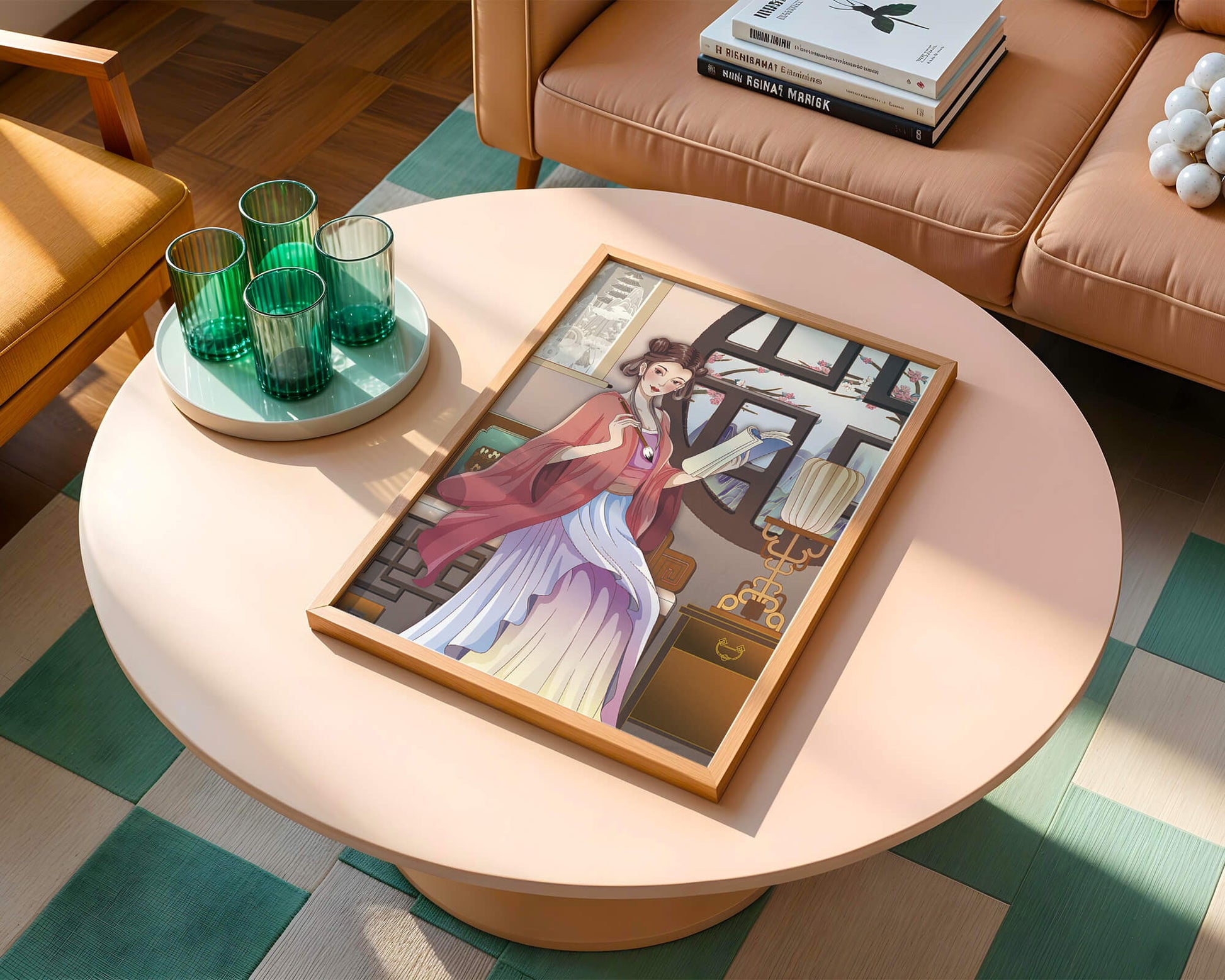 Illustrated scene of a woman in traditional attire reading by a window