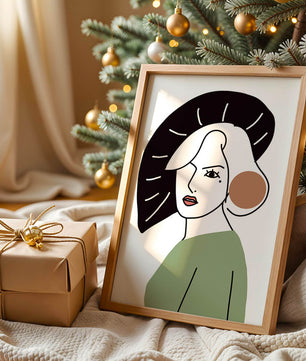 Minimalist Abstract Portrait Featuring Woman with Black Hat and Green Outfit - Mi tienda