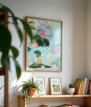 Serene illustration of a child in a lotus garden with vibrant flora