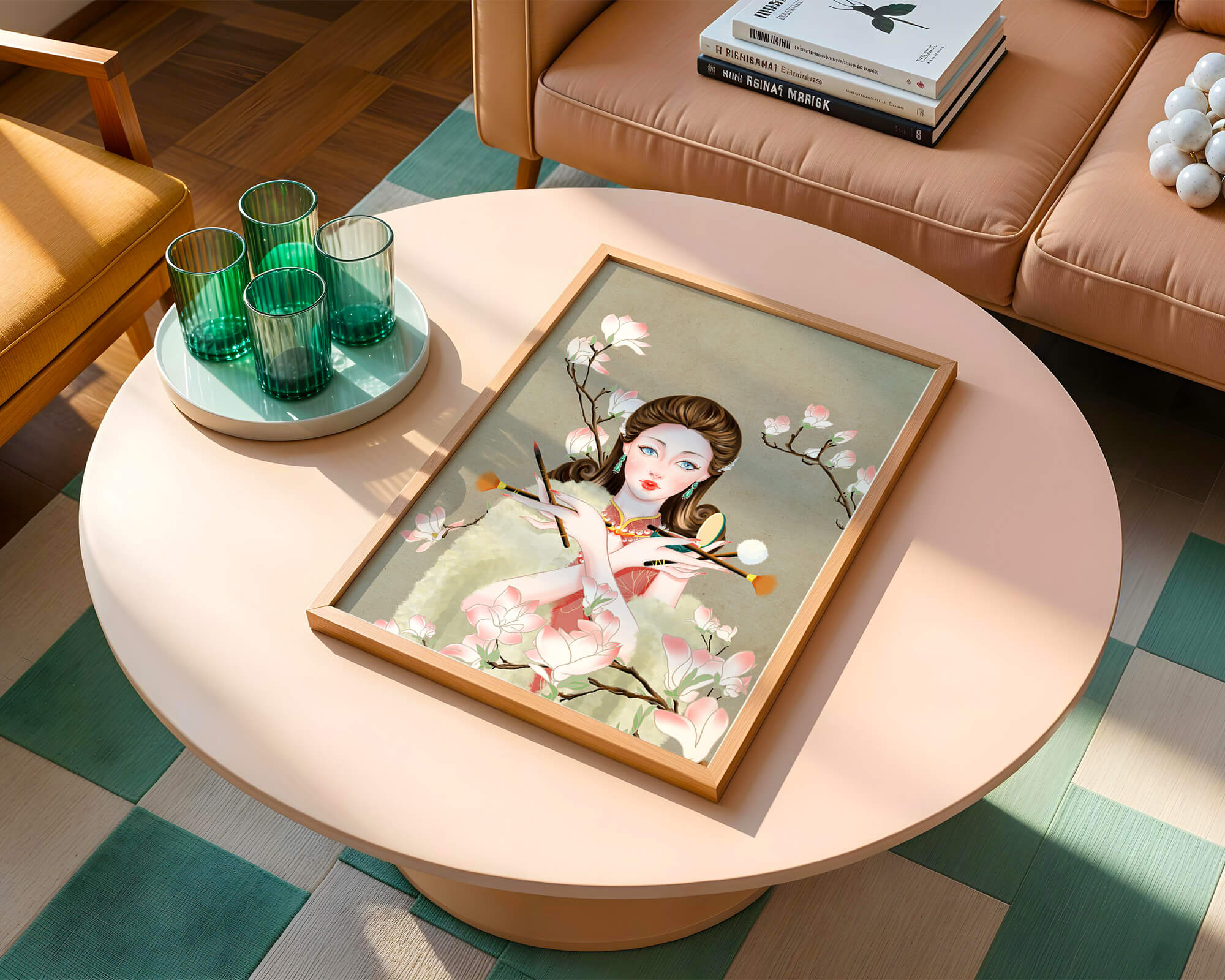 Elegant woman with makeup tools amidst blooming magnolia branches